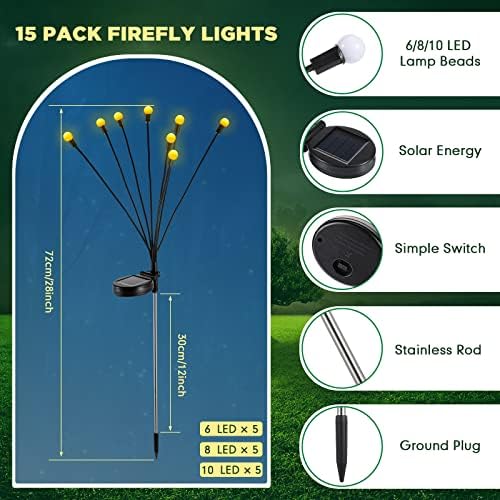 15 PCS Firefly Solar Swaying Luzes ao ar livre Decorativa de Jardim Firefly Garden 6 8 10 LUZES DE SOLAR LED LUZES DE Iluminação Fada de Fada do Patio Yard Garden, 3 estilos