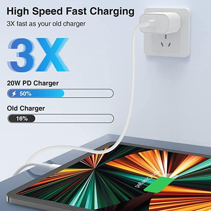 20W USB C Carregador rápido para iPad Pro 12,9, 11 polegadas 2018, iPad Air 5th/4th 10,9 polegadas 2022/2020, iPad