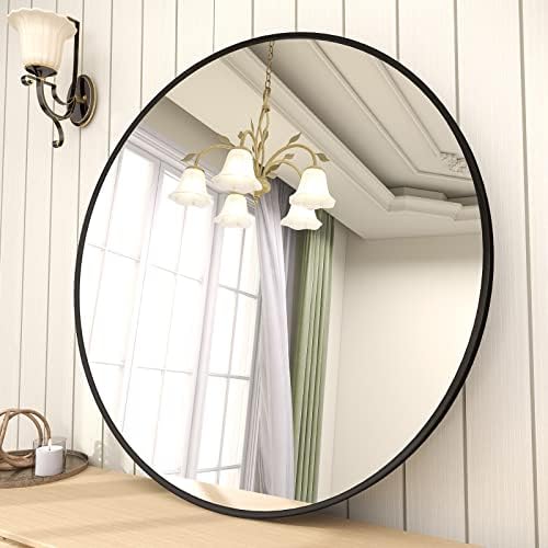 Beautypeak espelho redondo de 24 polegadas, espelho de círculo de quadros de metal preto, espelho de parede para entrada, banheiro, vaidade, sala de estar, espelho de círculo preto