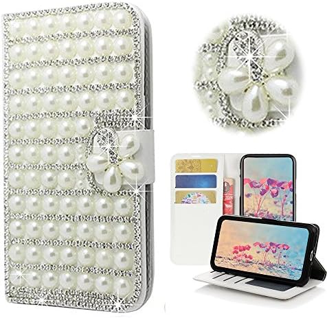STENES Moto E4 Caso - elegante - 3D Made Bling Bling Crystal Pearl Lattice Flowers Wallet Cartão de crédito Slots Doble Media Stand Cover Caso -