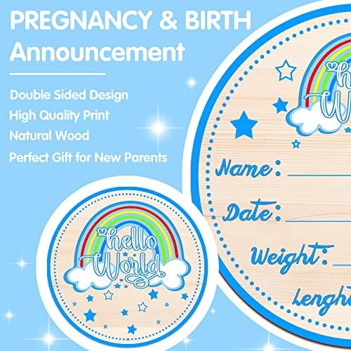 Sinal de anúncio de bebê de madeira, hello world recém -nascido sinal, sinal de anúncio de nascimento para hospital, sinal de anúncio do bebê, anúncio de nascimento do bebê, para o nome do bebê e detalhes de nascimento, 6 polegadas de arco -íris azul