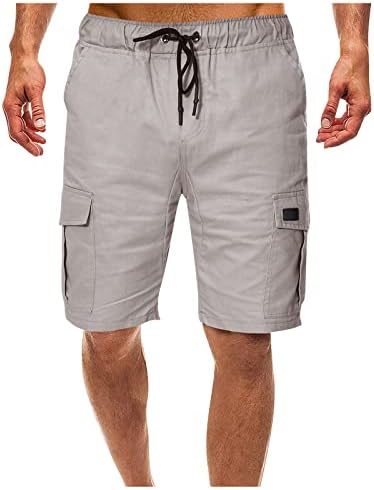 Shorts de carga para homens, cor pura da cintura elástica do joelho da prisão de amarração baixa