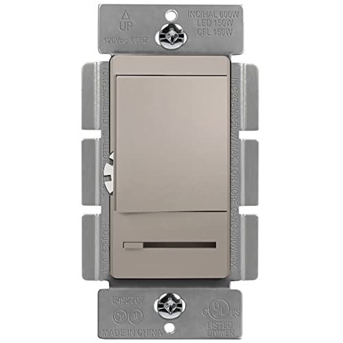 TopGreener Dimmer Switch com controle deslizante de ajuste leve, pólo único ou 3 vias, LED de 150W, 600W Incandescent/Halogen, 120V 60Hz, UL listado, TGDMDS-120-NK, níquel