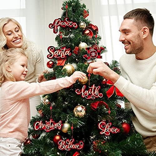 12 peças enfeites de natal preto e vermelho búfalo palavras xadrez ornamentos de madeira na fazenda de madeira árvore