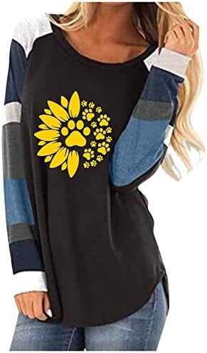 Camisas de manga comprida feminina 2022 Bloco de colorido de pescoço de leopardo T camisetas Lounge listrado de manga longa