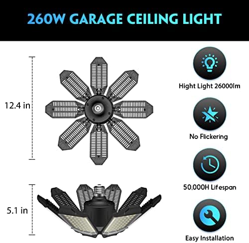Luz de garagem LED, 260W 26000lm 6500K Luz de teto de garagem LED de deformação com 8+1 painéis ajustáveis ​​Commercia Bay Light