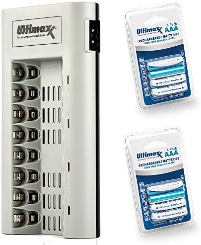 Carregador Ultimaxx com baterias-8 carregador de bateria de porta e 2x Baterias AAA 1100mAh Memória Free-