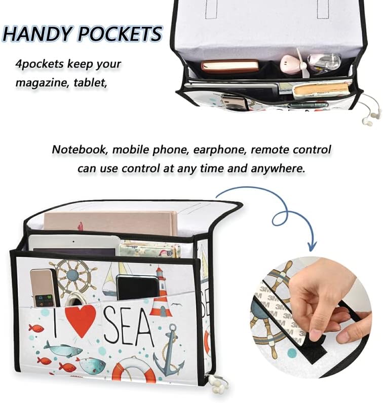 Zoeo Caddy Caddy Ocean Náutico Marne Anchor Bed Storage Organizador 5 bolso para controle de livro de controle remoto Charger Charger Mobile Phones