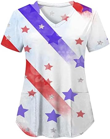 4 de julho Camisas para mulheres bandeira dos EUA Termilhas de manga curta V de pescoço com 2 bolsos Blush Top Holiday Casual