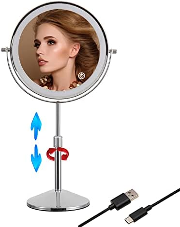 Tushengtu 8in altura espelho de maquiagem pessoal ajustável com espelho de maquiagem de mesa leve 10x espelho de ajuste rotativo, 3 cores luzes