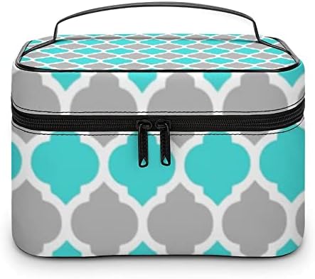 Bolsa de maquiagem portátil com zíper duplo, cerceta e cinza marroquino Lattice Cosmetic Caso Travel Organizer Hanketness