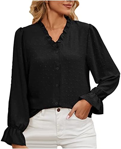 Tops de primavera e verão para mulheres 2023 Moda Ruffle Blouses de decote em V Camisa de chiffon de mangas compridas