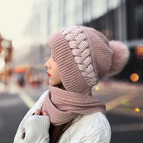 Chapéus de inverno feminino Lenço tudo em chapéus de um gorro com pompom, lã de lã de lã de malha quente gorro para
