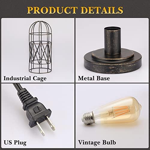 Lâmpada de mesa industrial, lâmpada de toque pequena com gaiola rústica Lâmpada de cabeceira vintage de 3 vias lâmpada de