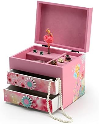 Tema floral de madeira rosa 18 Nota Spinning Ballerina Music Box - Muitas músicas para escolher - ontem