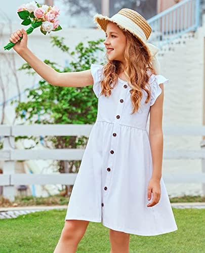 Arshiner Girls Dress Flutter Sleeve A-Line Button Down Down Sundress vestidos midi casuais por 4-12 anos