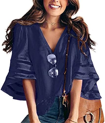 Andongnywell Women's V Blouses de pescoço 3/4 Bell Sleeve casual top top shirts tunics Blouse