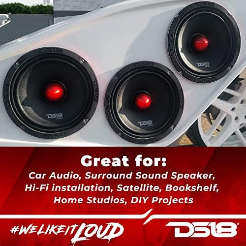 DS18 PRO -X6.4BM LOUDSIPEAKER 6.5 Red Aluminium Red Aluminium Bullet 500W MAX 250W RMS 4 ohms - Fio de alto -falante 16GA 100 pés incluído - Alto -falantes de porta de áudio para carro ou som de estéreo de carros ou caminhão - 2 alto -falantes