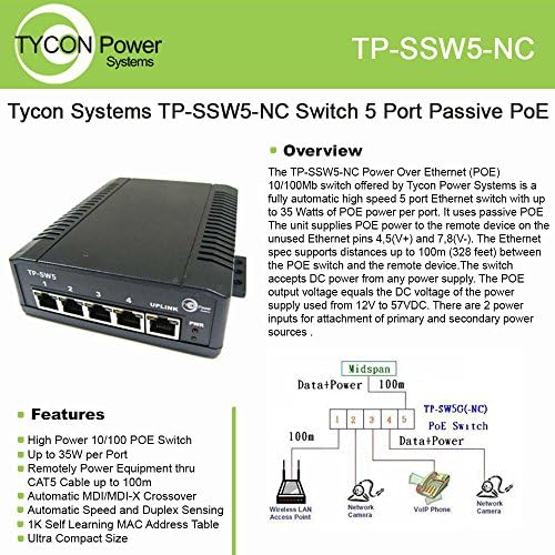 Tycon Systems Inc TP-SSW5-NC 12-56V 5 Porta Passive Poe Switch