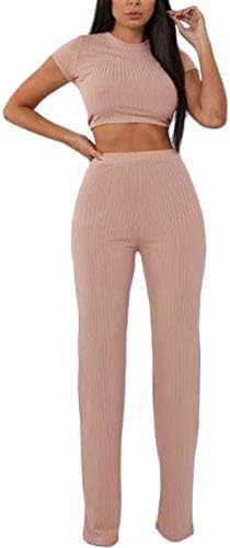 Roupas de 2 peças de Ecdahicc feminino conjuntos de malha com nervuras curtas de manga curta Captura casual de calças