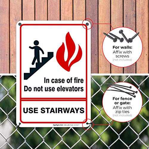 Signo de incêndio, em caso de incêndio, não use o sinal de elevadores, 10x7 polegadas, alumínio.