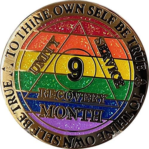 9 meses aa medalhão reflexo brilho arco -íris e chip de sobriedade banhado a ouro