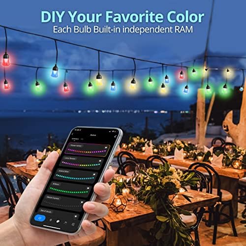 Comtifyer Luz de cordas ao ar livre - 32ft RGBW Patio LED String Light com 12 lâmpadas brancas quentes com Wi -Fi, App e DIY