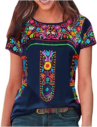 Camisetas vintage mexicanas femininas camisas de estilo étnico ocidental boho tops estampados florais de verão túnicas