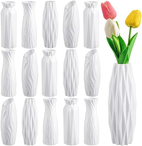 Hoolerry 16 pcs vasos de flor de plástico branco Bulk para peças centrais vaso de broto branco para flores vaso de flor de cerâmica Decorativa Decorativa Vaso inquebrável para flores Decoração da sala de estar da mesa de escritório em casa