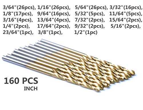 DrillForce, 160 PCs, HSS Twist Bits de broca de titânio HSS Conjunto, 3/64 -1/2, broca de metal, ideal para perfurar aço macio, cobre,