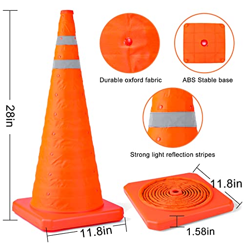 [1 pacote] Cones de segurança de trânsito dobráveis ​​de 28 polegadas - Cones de estacionamento com colares refletivos, cones de