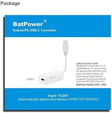 BatPower 65W 5M3P PD USB C Trabalho com o carregador de carro CCS CCS, adaptador de energia S65 Compatível com MacBook Pro USB C MacBook Air HP Dell Razer Surface Laptep Tablet USB-C e mais