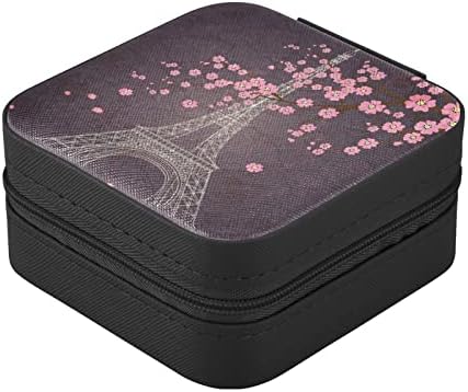 Alaza Eiffel Tower Cherry Blossom Small Jewelry Box for Women Girls Mens Travel Jewelry Case PU Organizer, Black Edge