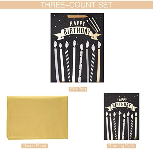 Bolsa de presente de aniversário preta e dourada de Loveinside com papel de seda, cartão -presente para aniversário, chá de bebê,