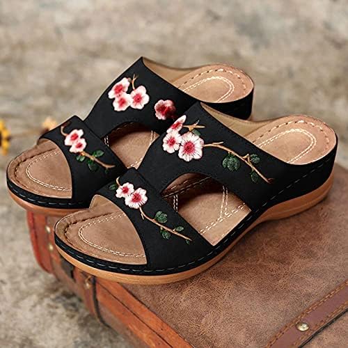 Usyfakgh Sandals Sandals Summer Senhoras Moda Cunha Bordado Bordado de Flores Sandals Sapatos para Mulheres