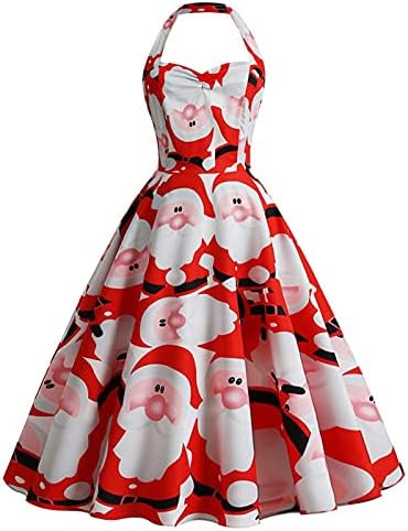 Vestido vintage de Natal Mulheres dos anos 50 Rockabilly Swing Dress Retro Hepburn Style Halter Feio Papai Noel Print A-line