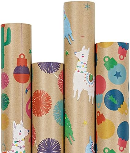 Papel de embrulho de natal Ruspepa, papel kraft - lhama, ornamentos de feijão e desenhos de estilo pom pom pom -