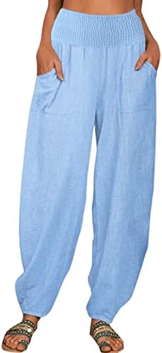 Calças de linho de algodão casual de verão para mulheres calças largas de perna larga Canta alta com bolsos confortáveis