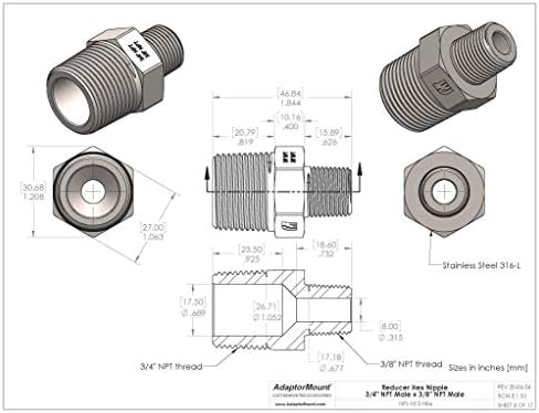 Masculino masculino 3/4 NPT x 3/8 NPT, conector do mamilo de riacer em aço inoxidável 316-l, redução do adaptador de