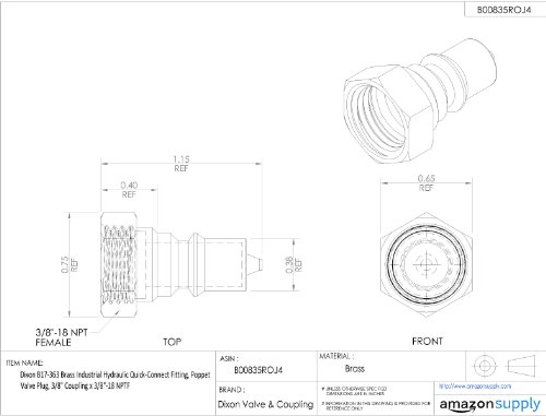 Dixon B17-363 Brass Industrial Hidráulico Conjunto rápido de conexão rápida, plugue da válvula poppet, 3/8 acoplamento x 3/8 -18