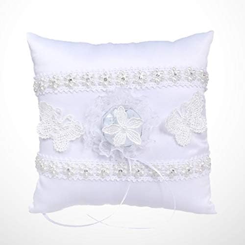 Travesseiro de anel de casamento de tendycoco, travesseiro de portador de anel de almofada branca com borboleta de renda