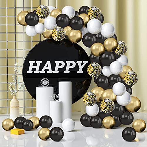 Balões de confetes brancos em ouro preto, 50pcs 12 polegadas Balões de látex de confetes de confetes de ouro e ouro