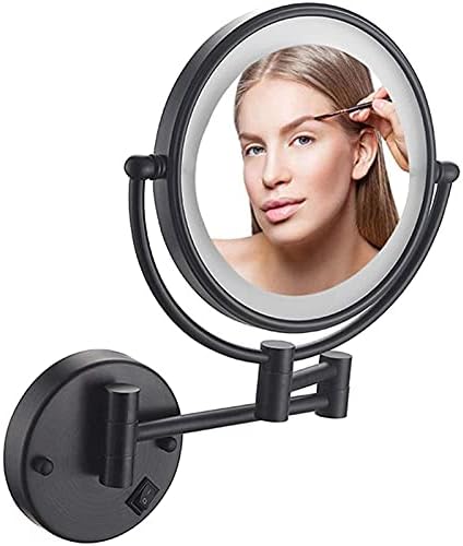Montagem de parede qligha espelho de maquiagem preta com luzes, espelho cosmético com ampliação de 3x, banheiro de dupla face 360 ​​espelhos de face cosmética giratória