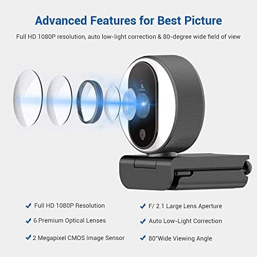 NEXIGO N680E 1080P webcam com luz de anel, cobertura de privacidade e microfone duplo, foco automático avançado, brilho ajustável,