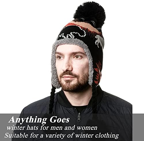 NU Trendz gorro peruano chapéu de malha com abas de orelha, lã de inverno pom pom gorro para mulheres homens, neve grossa malha quente boné