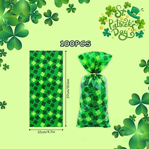 Boerni St. Patrick's Day de quatro folhas Clover irlandês Lucky Shamrock Celofane Candy Cookie Tream Goodies Sacos de presente 100pcs