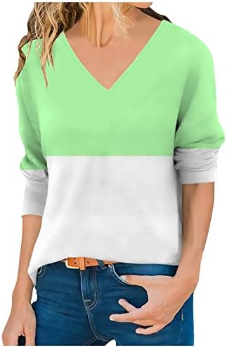 Camisas de manga longa para mulheres V Camisas de colorido colorblock casual Blouses soltas Túps de túnica de túnica