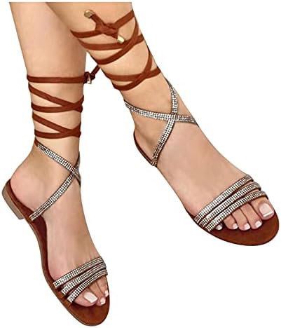 Sandálias de usyfakgh para mulheres sapatos de verão de cristal chato renda peep toe renda up sandálias praia sapatos