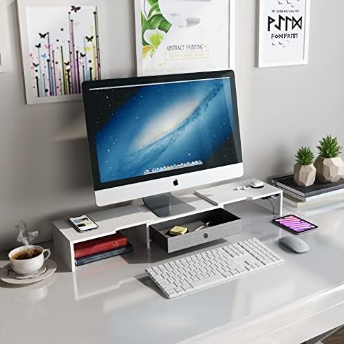 Laptain Dual Monitor Stand Riser com carregamento sem fio e 4 portas de cubo USB 3.0, suporte de computador com comprimento e ângulo ajustáveis, organizador de mesa para PC Monitor MacBop MacBook