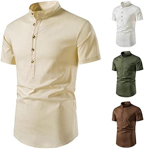 Linho de algodão casual masculino de manga curta verão de colarinho leve de colarinho de colarinho de praia hippie camiseta